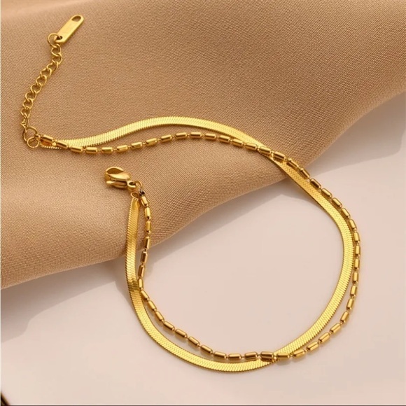 𝅺new Double Layer Gold Snake Herringbone Chain Bracelet - Picture 4 of 9
